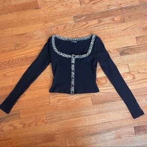 Black Cheetah Long Sleeve Button Crop Top